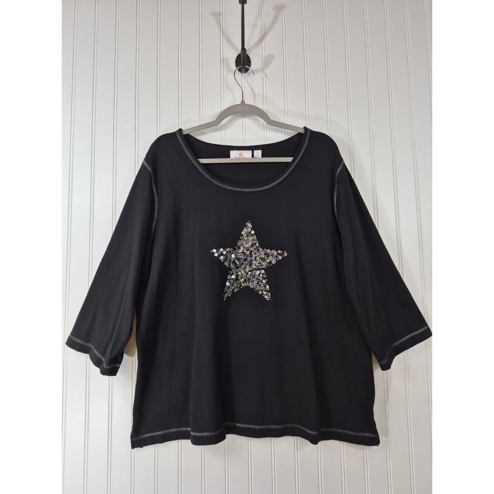 Quacker Factory Womens Black Sequin Star Top 3/4 Sleeve Knit Cotton Shirt 1X